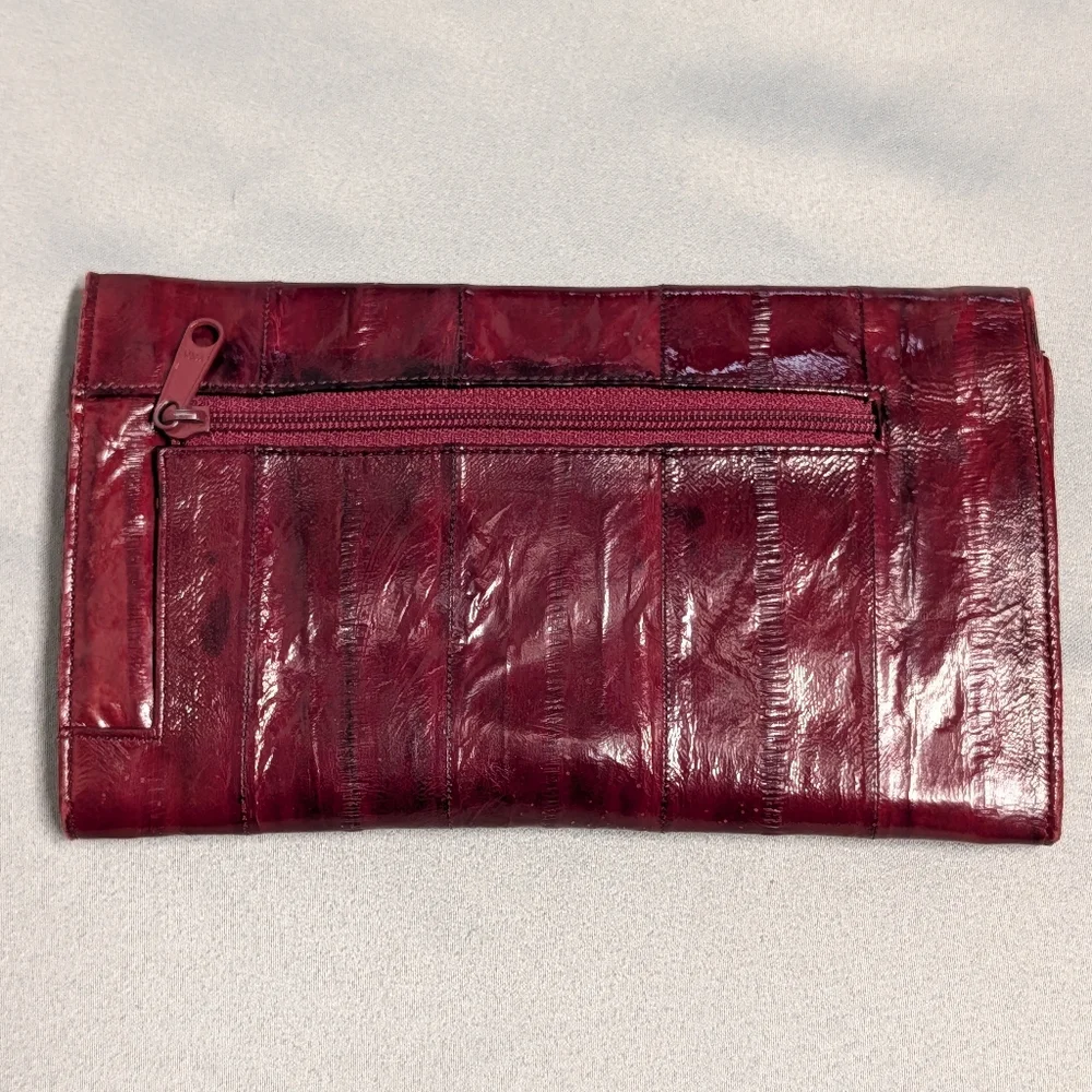 Vintage Burgundy Genuine Eel SkinLeather Trifold Wallet